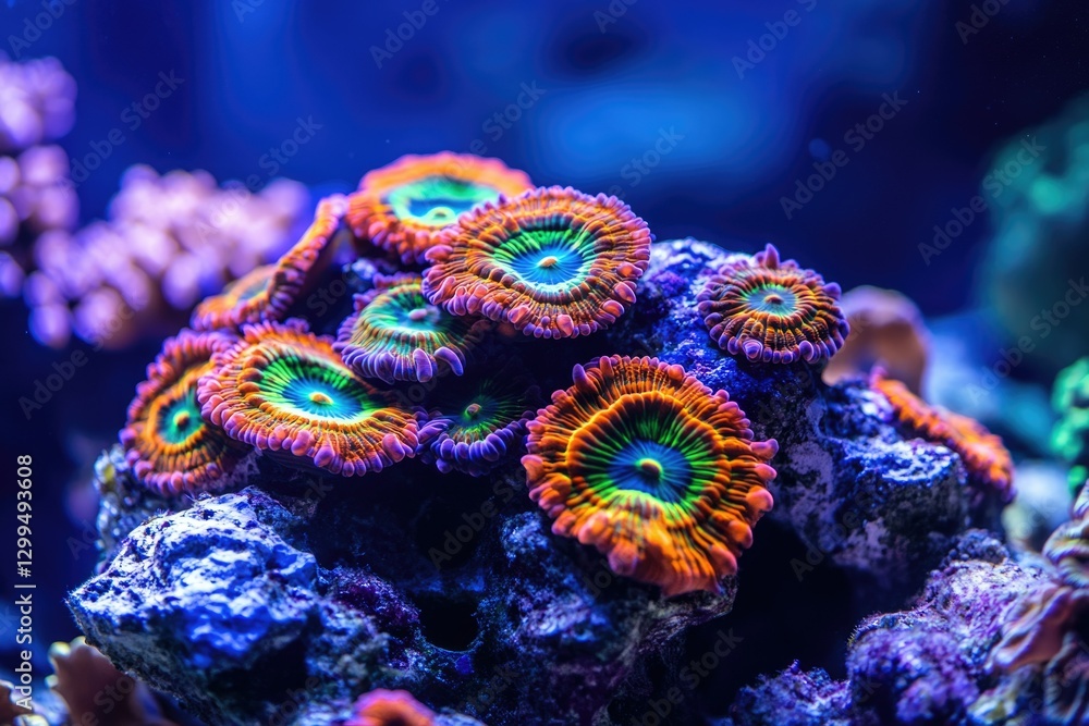 Obraz premium Vibrant coral polyps bloom in a reef aquarium, showcasing diverse colors and textures.