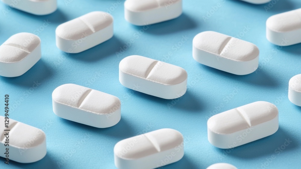 White Pill Tablet Pattern on Blue Background for Healthcare and Medicine White Pill Tablet Pattern on Blue Background for Healthcare and Medicine