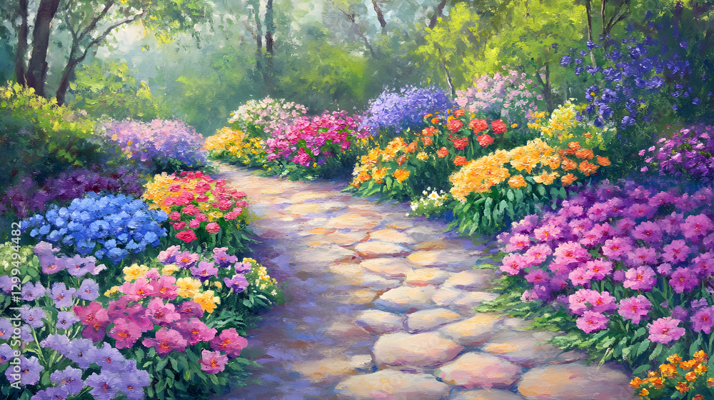 A garden path lined with colorful primroses in shades of pink, purple, and yellow, creating a welcoming spring atmosphere. A garden path lined with colorful primroses in shades of pink, purple, and yellow, creating a welcoming spring atmosphere.