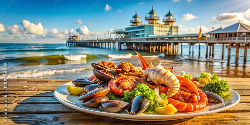 Obraz premium Delicious Seafood Lunch with Scheveningen Pier View