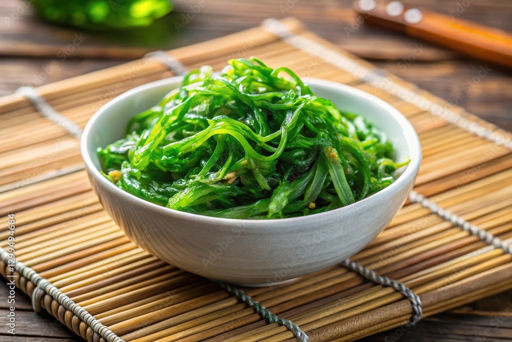 Delicious Seaweed Salad on Bamboo Mat - Healthy Japanese Cuisine Stock Photo Delicious Seaweed Salad on Bamboo Mat - Healthy Japanese Cuisine Stock Photo