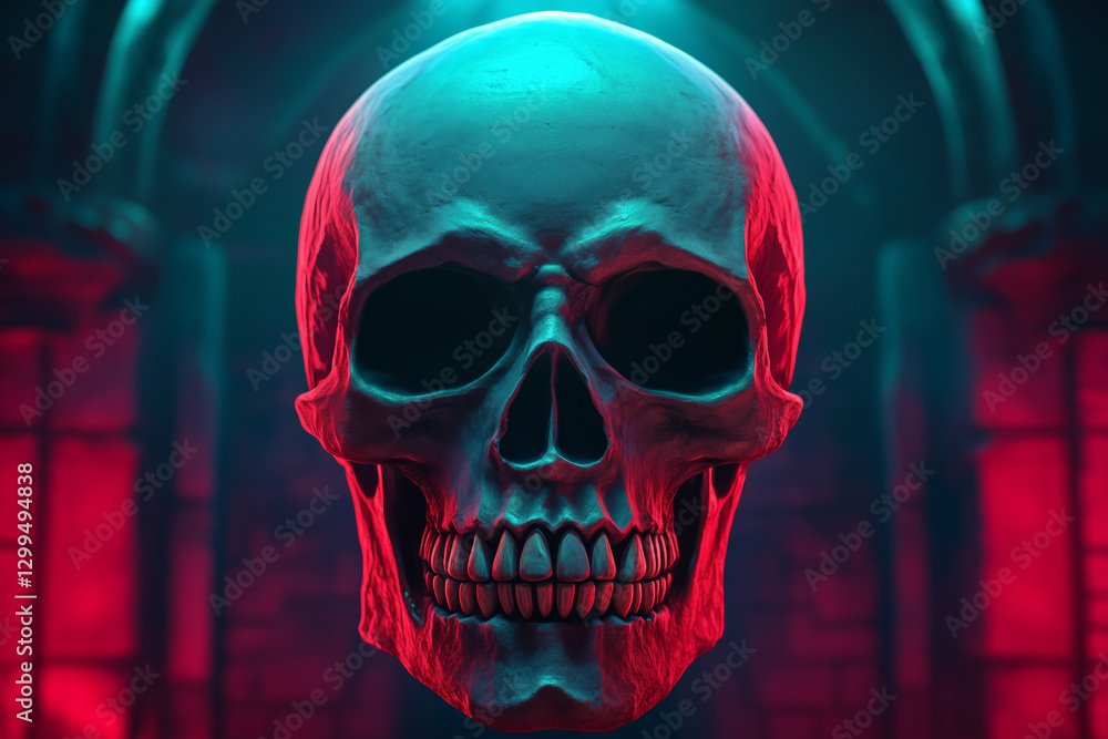 Creepy human skull with dramatic neon red and teal lighting in a dark gothic architectural setting Creepy human skull with dramatic neon red and teal lighting in a dark gothic architectural setting