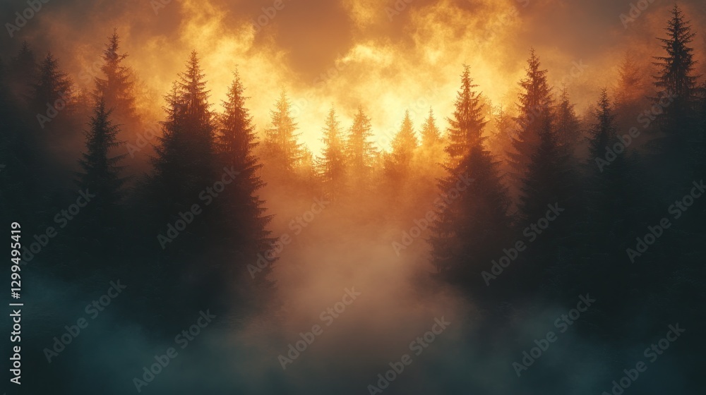 Naklejka premium Misty Forest Sunset Blaze