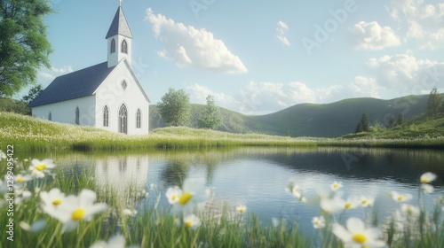 White church with meadow and lake. Church community. Mission of gospel.