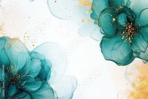 Teal and Gold Abstract Watercolor Flowers
