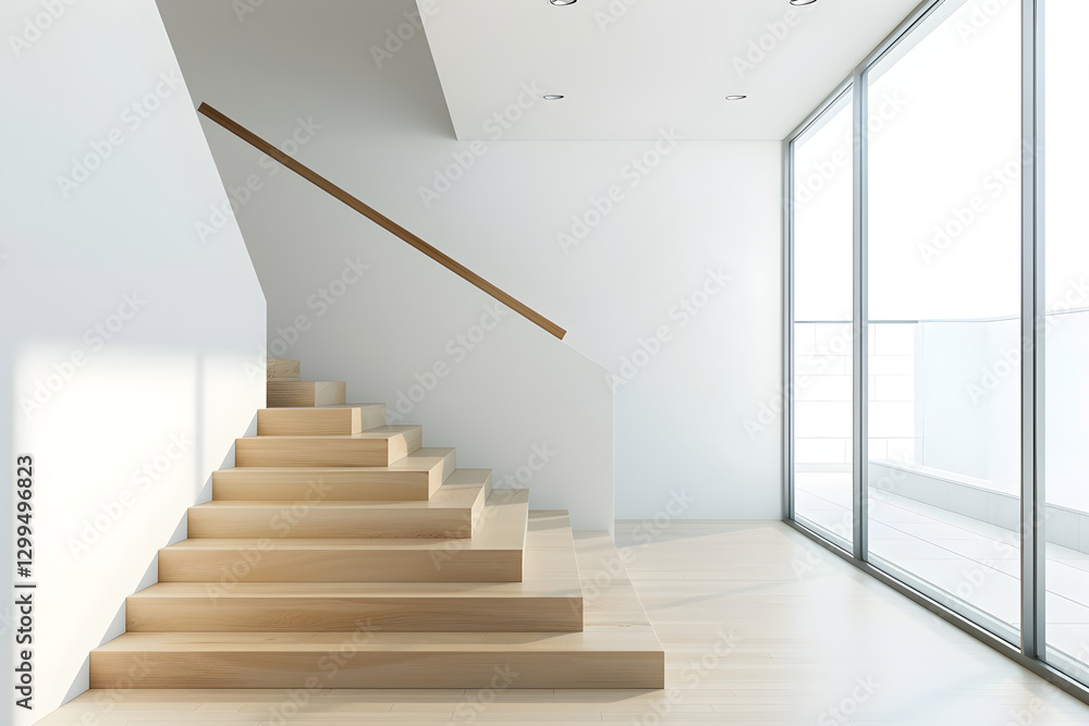 Modern Minimalist Wooden Staircase in Bright and Open Interior Space Featuring Natural Light Modern Minimalist Wooden Staircase in Bright and Open Interior Space Featuring Natural Light