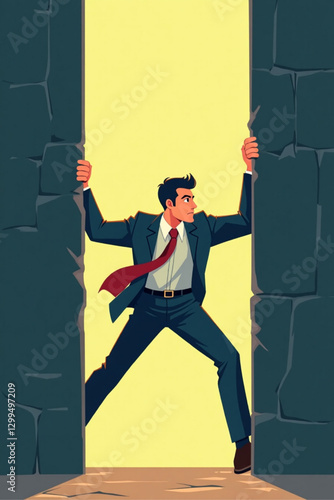 Determined businessman breaking through a barrier, overcoming limitations and achieving freedom