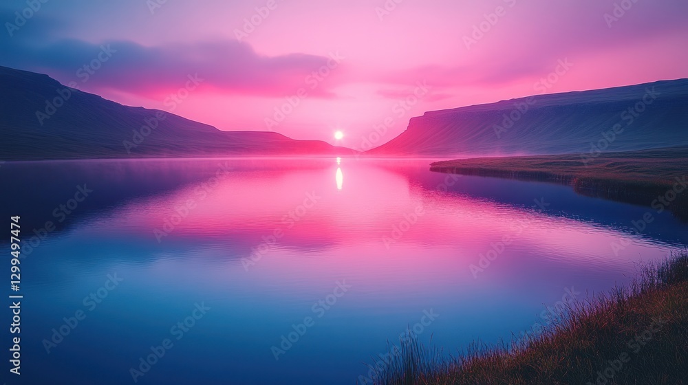 Fototapeta premium Misty Mountain Lake Sunset Reflection