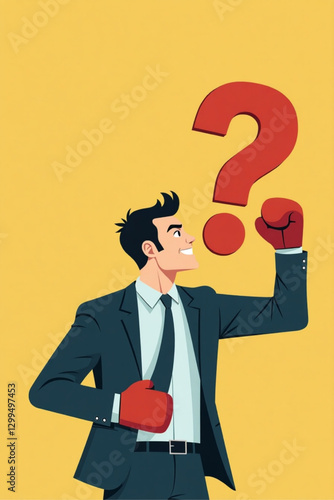 Determined Businessman Punching Question Mark with Boxing Glove, Solving Business Problems Concept