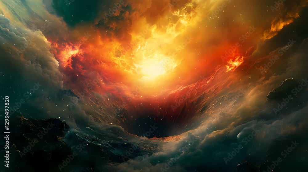 Fototapeta premium Vibrant colorful smoke rises from a mysterious crater, wonder , destruction, wonder , destruction, colorful, flames, chaos. Wonder - Sky. Illustration