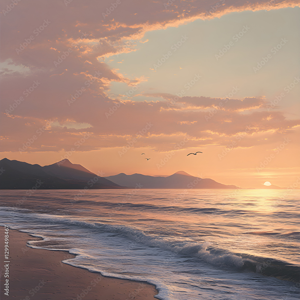 Serene Coastal Sunset with Silhouetted Mountains Serene Coastal Sunset with Silhouetted Mountains