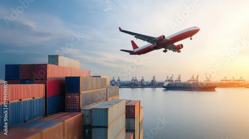 cargo plane flies over shipping containers in port