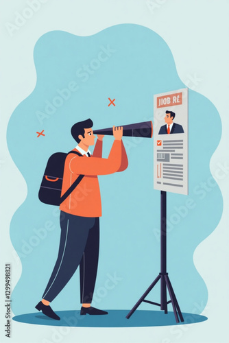 HR manager searching for job candidates with binoculars, illustrating recruitment process and talent acquisition strategies in the corporate sector