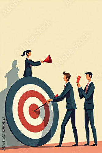 Hitting the Bullseye: Business Team Holding Large Target to Achieve Successful Collaboration