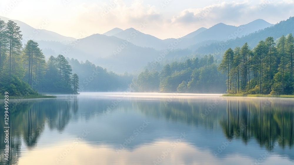 Fototapeta premium Misty Sunrise Lake Mountain Reflection
