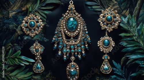 A set of antique jewelry pieces beautifully arranged on a black backdrop