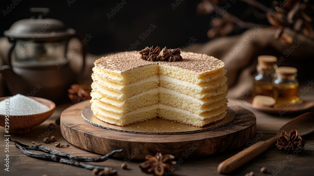 Elegant layer cake with cream on wood table, dried flowers background for dessert Elegant layer cake with cream on wood table, dried flowers background for dessert