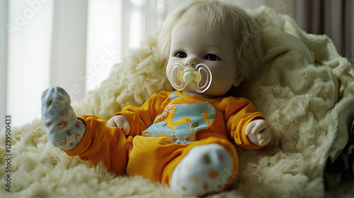 A lifelike baby doll in an orange onesie with a pacifier, sitting on a cozy blanket by a window