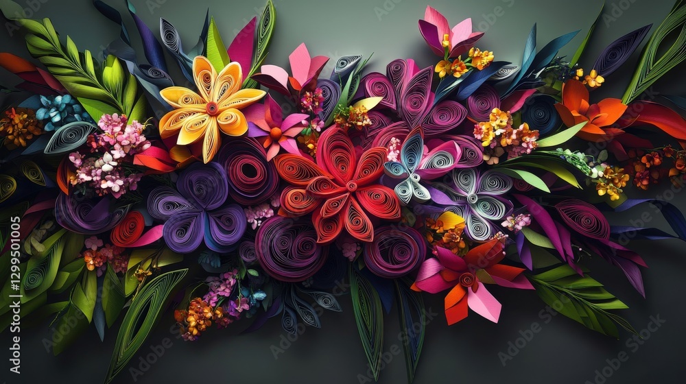 Obraz premium Lush bouquet of vibrant paper flowers created with intricate quilling technique