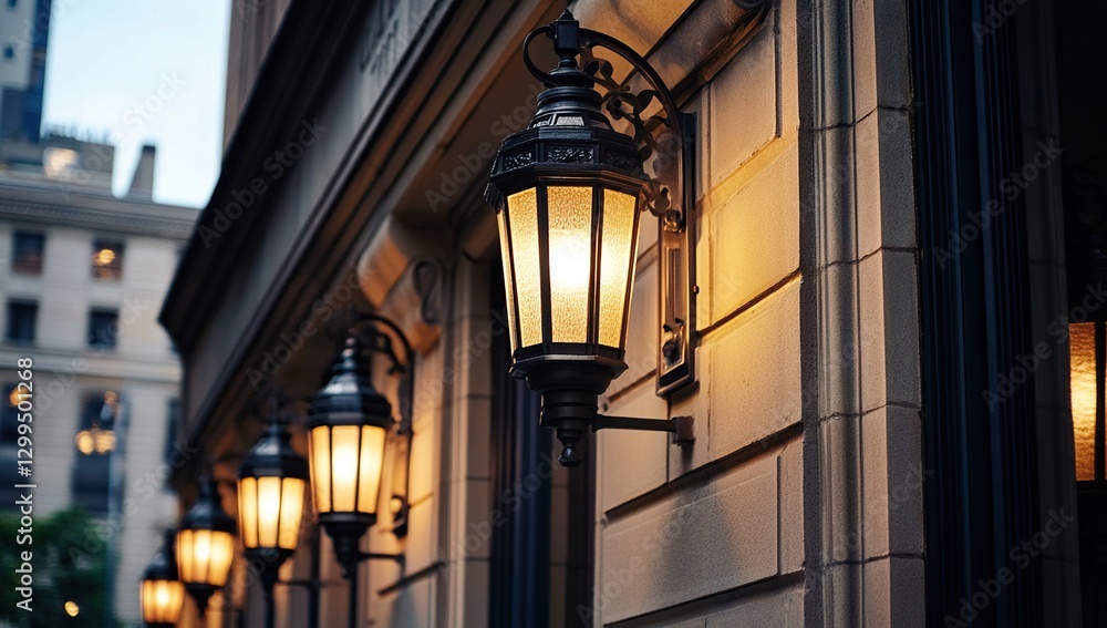 Warm Yellow Glow of Classic Lanterns on a City Building at Dusk