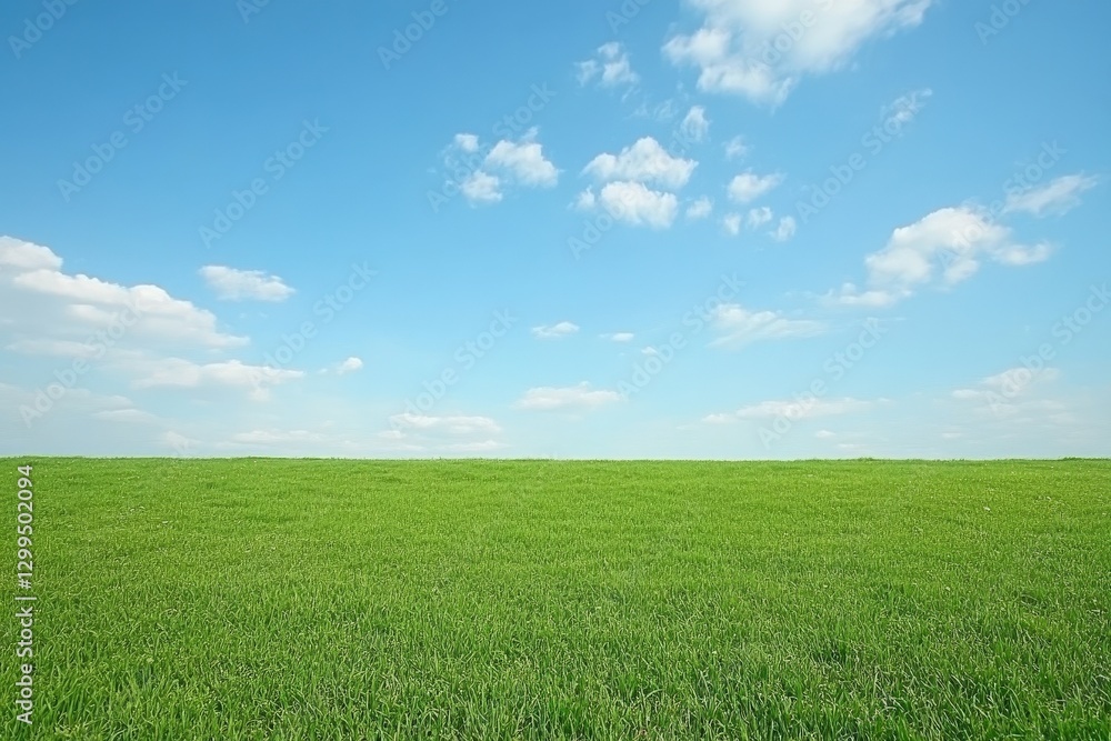 Lush green field, blue sky, fluffy clouds; idyllic nature scene Lush green field, blue sky, fluffy clouds; idyllic nature scene