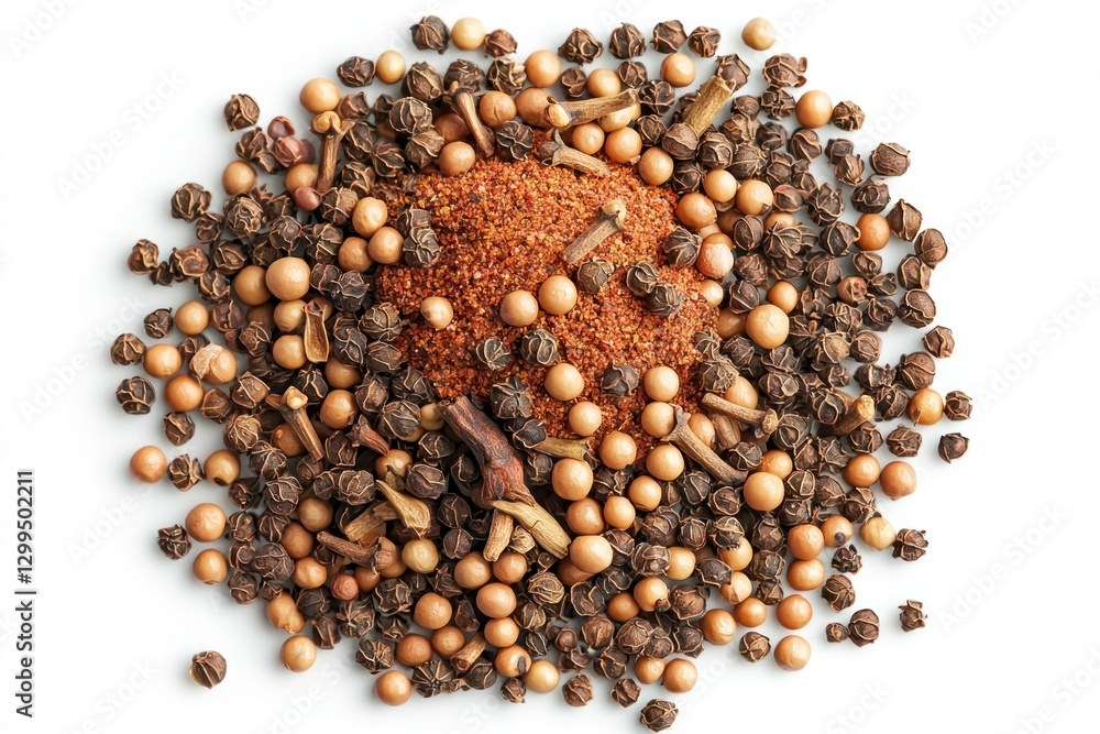 A close-up of mixed spices (paprika powder, saffron threads, mustard seeds) on a white background A close-up of mixed spices (paprika powder, saffron threads, mustard seeds) on a white background