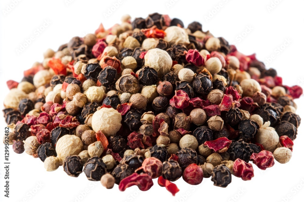 A close-up of mixed spices (pink peppercorns, cumin powder, mace blades) on a white background A close-up of mixed spices (pink peppercorns, cumin powder, mace blades) on a white background