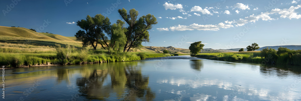 Tranquil River Landscape with Lush Meadows and Majestic Trees Tranquil River Landscape with Lush Meadows and Majestic Trees