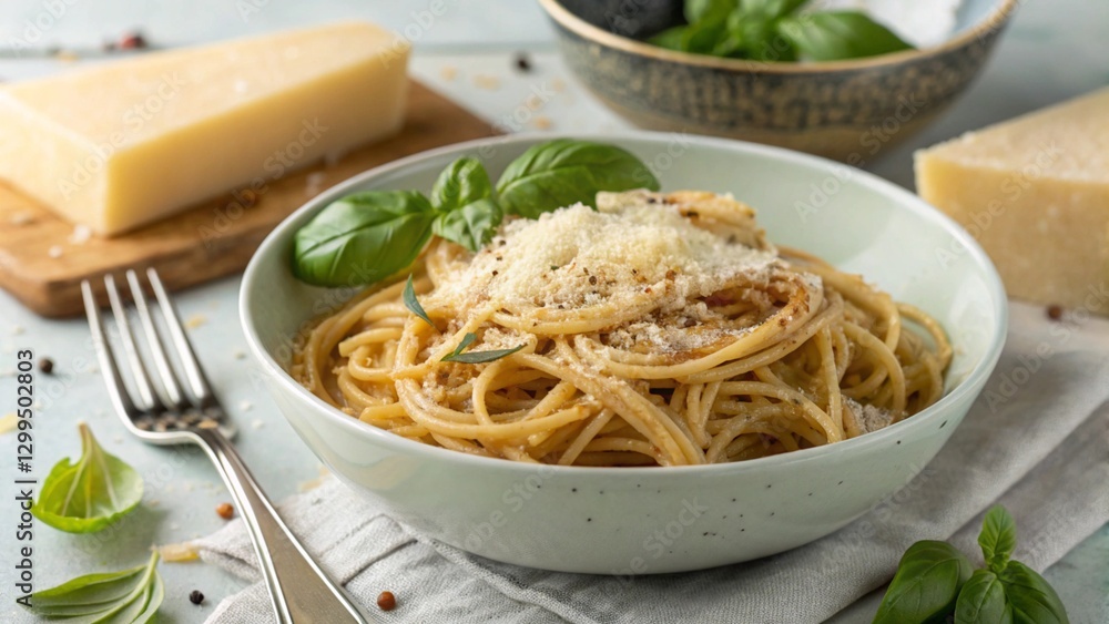 Authentic Roman Cacio e Pepe pasta served in a simple bowl, with generous amounts of pecorino cheese and freshly cracked black pepper.
Authentic Roman Cacio e Pepe pasta served in a simple bowl, with generous amounts of pecorino cheese and freshly cracked black pepper.