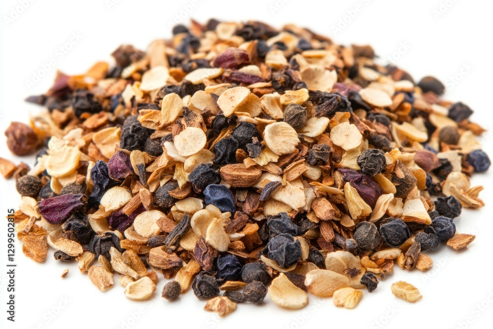 A close-up of mixed spices (smoked paprika, juniper berries, dried basil) on a white background A close-up of mixed spices (smoked paprika, juniper berries, dried basil) on a white background