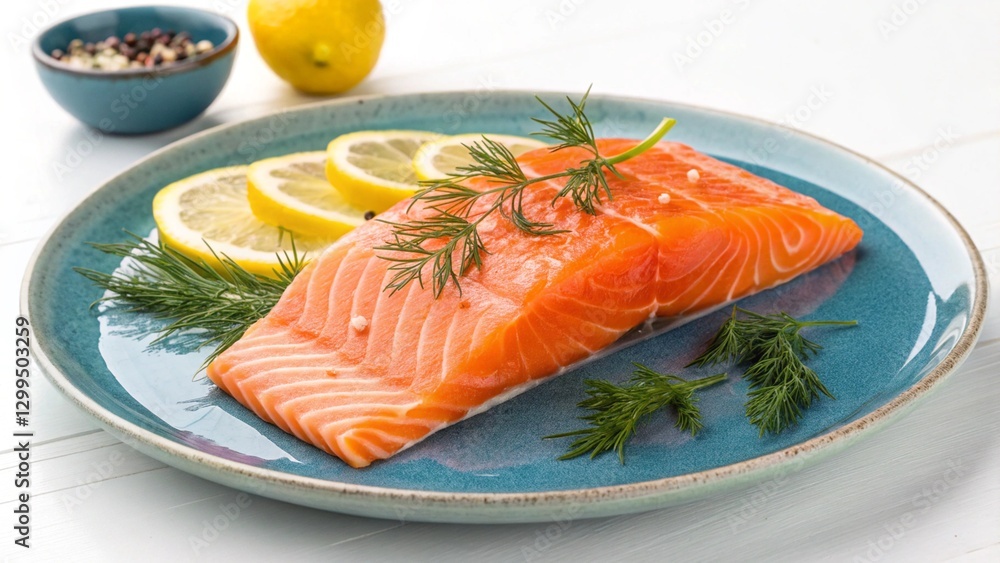 Close up of uncooked salmon fillet presented on a blue dish with lemon and fresh dill, culinary preparation.
Close up of uncooked salmon fillet presented on a blue dish with lemon and fresh dill, culinary preparation.