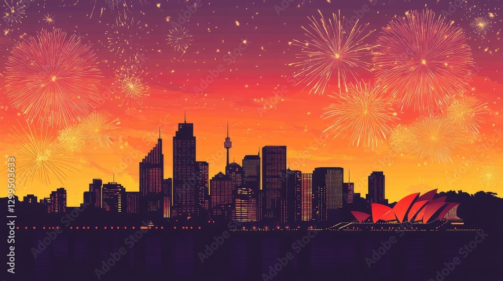 Fototapeta premium Silhouette of a city skyline with fireworks and glowing lights.