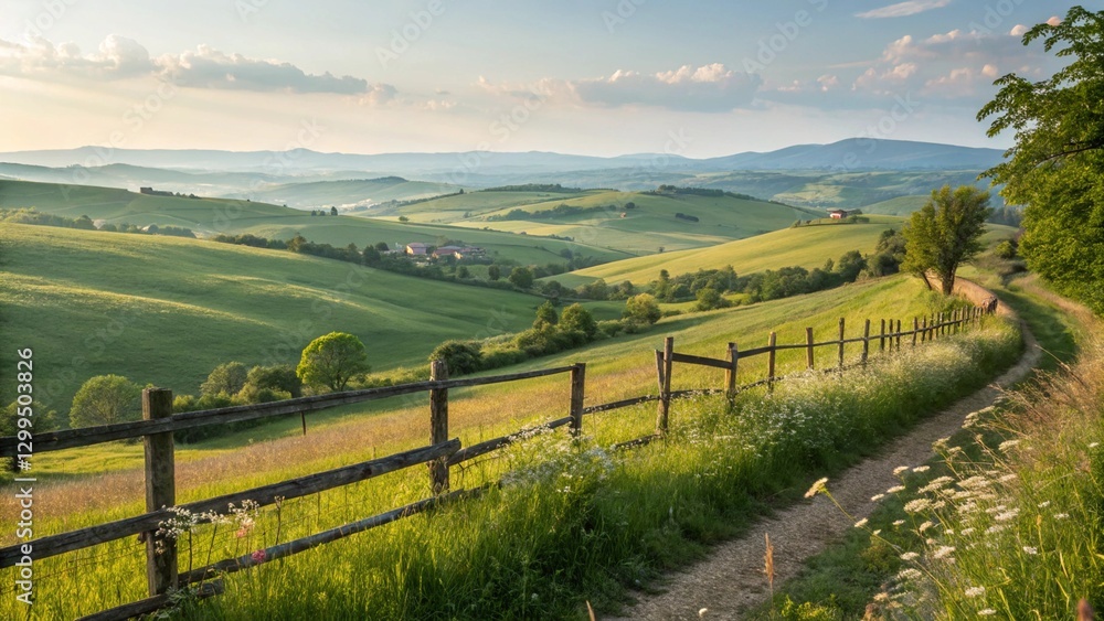 Naklejka premium Pastoral scenery of rolling hills and meadows in a vibrant green, under a sky filled with fluffy clouds, with a country fence.