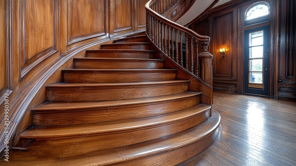 Obraz premium Elegant wood staircase ascends in a hallway, a luxury home interior concept