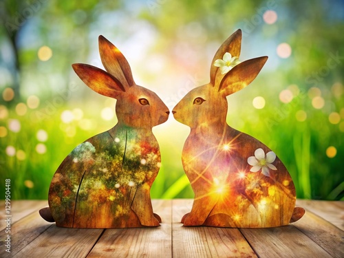 Double Exposure Wooden Rabbits: Charming Rustic Decor Stock Photo