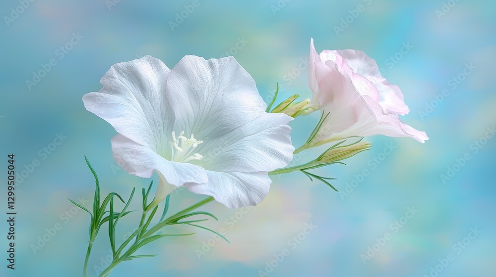 Fototapeta premium Delicate White Morning Glory Flowers Blooming Against a Soft Blue Background