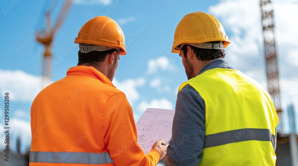 Construction Workers Reviewing Plans on Site Construction Workers Reviewing Plans on Site