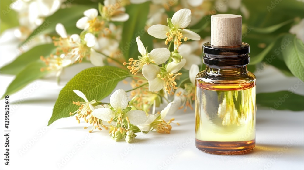 Luxurious bottle of linden blossom essential oil with blooming flowers Luxurious bottle of linden blossom essential oil with blooming flowers
