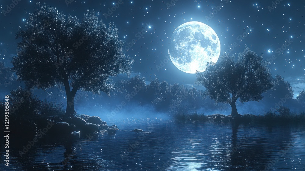 Moonlight Forest Lake Scene Moonlight Forest Lake Scene