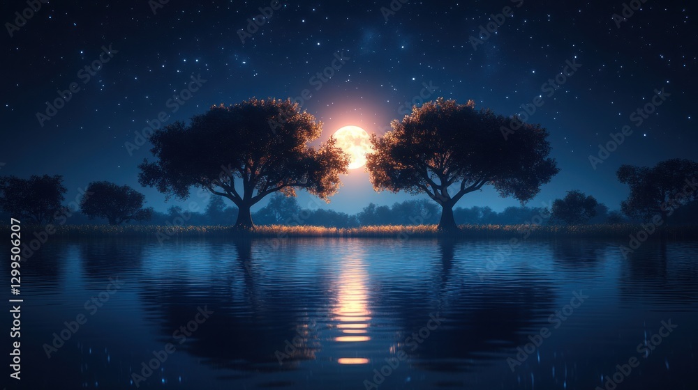 Naklejka premium Moonlight trees by lake at night