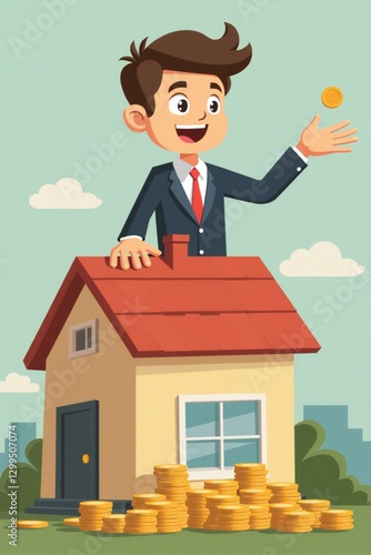 Saving for the American Dream: Determined Man Putting Coins into House-Shaped Piggy Bank