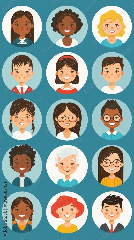 Cartoon diverse people avatars, various ages, smiling, on teal background, for social media or website, use in various projects Cartoon diverse people avatars, various ages, smiling, on teal background, for social media or website, use in various projects