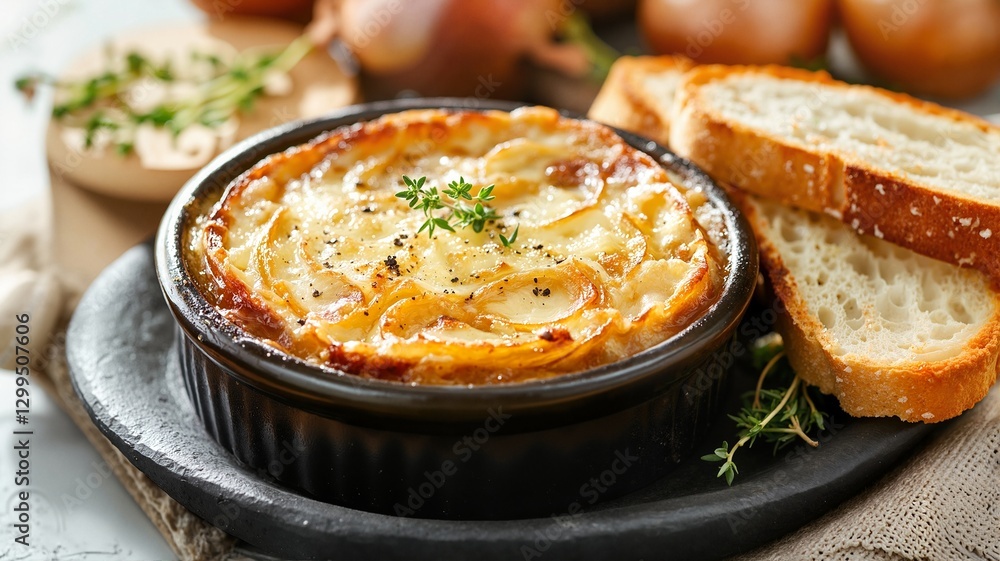 Savory cheese and herb potato gratin in rustic dish, hearty comfort food for restaurant menus and recipe websites Savory cheese and herb potato gratin in rustic dish, hearty comfort food for restaurant menus and recipe websites