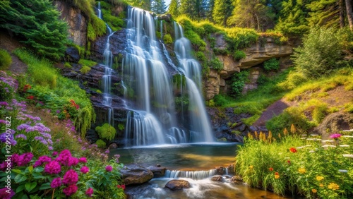 Serene waterfall cascading down a rocky cliff amidst dense foliage of green trees and vibrant wildflowers, reflecting tranquility in nature, wilderness, nature preservation