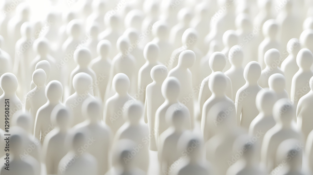 Obraz premium A seamless crowd of white figurines representing unity, diversity, and social dynamics in a contemporary digital environment. Harmony - Meadow. Illustration