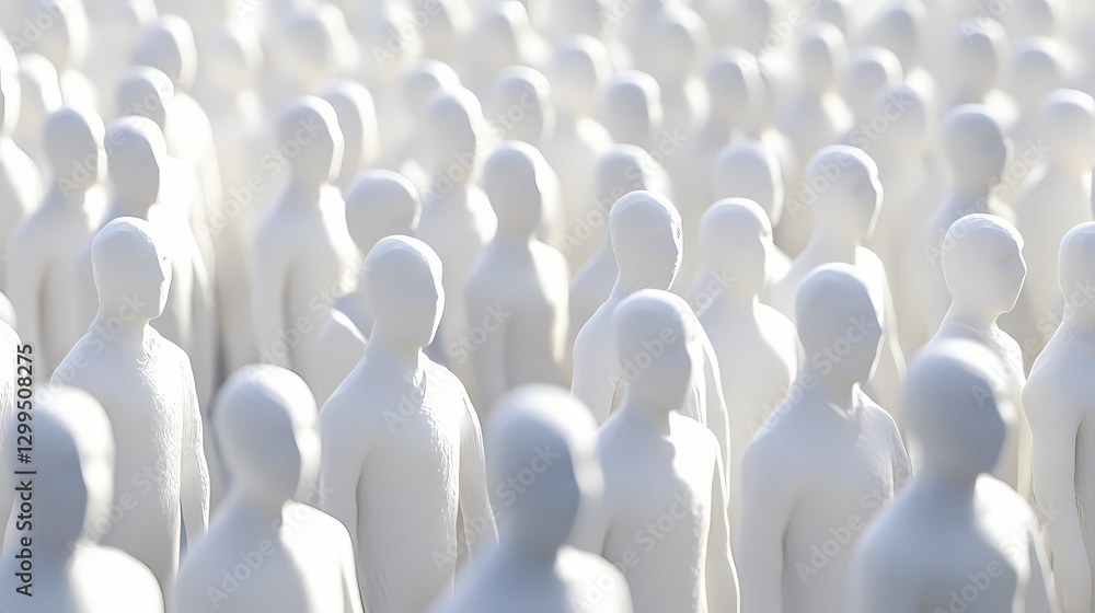 Obraz premium A seamless crowd of white figurines representing unity, diversity, and social dynamics in a contemporary digital environment. Harmony - Meadow. Illustration