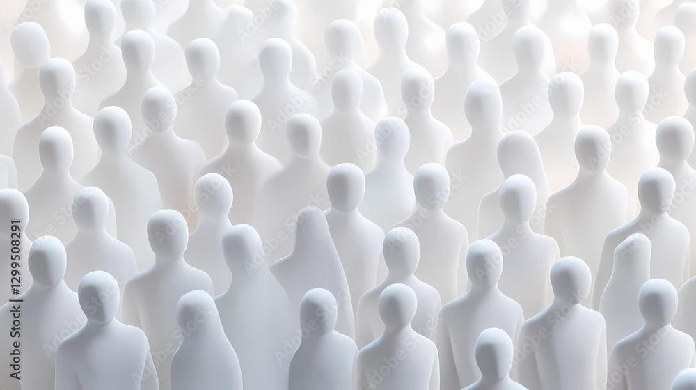Obraz premium A seamless crowd of white figurines representing unity, diversity, and social dynamics in a contemporary digital environment. Harmony - Meadow. Illustration