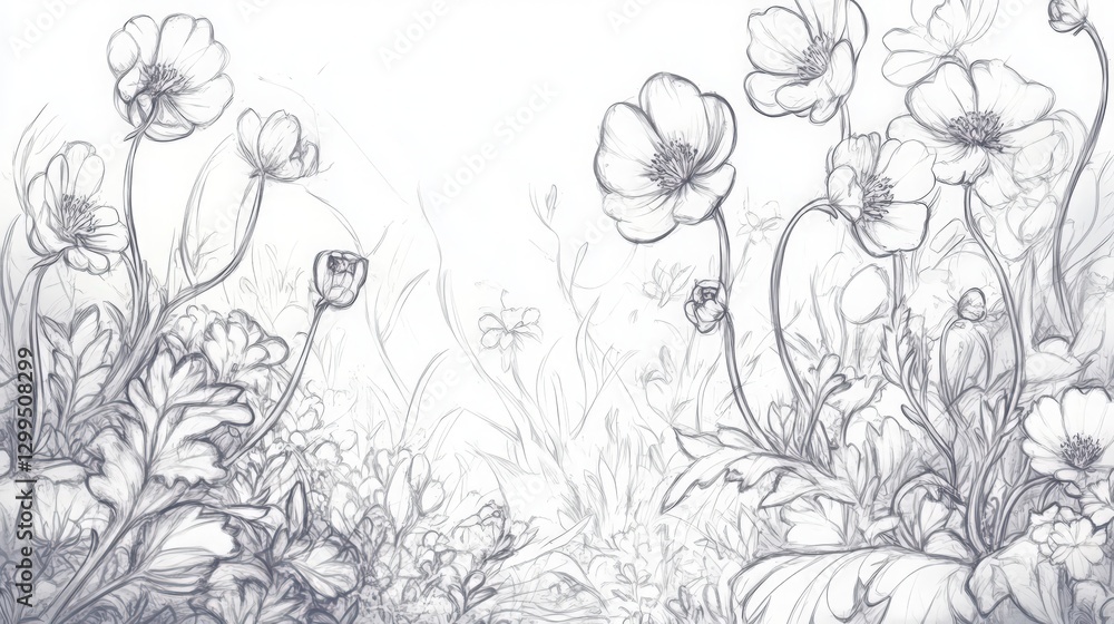 Fototapeta premium Floral drawing with delicate lines creating a dreamlike garden scene
