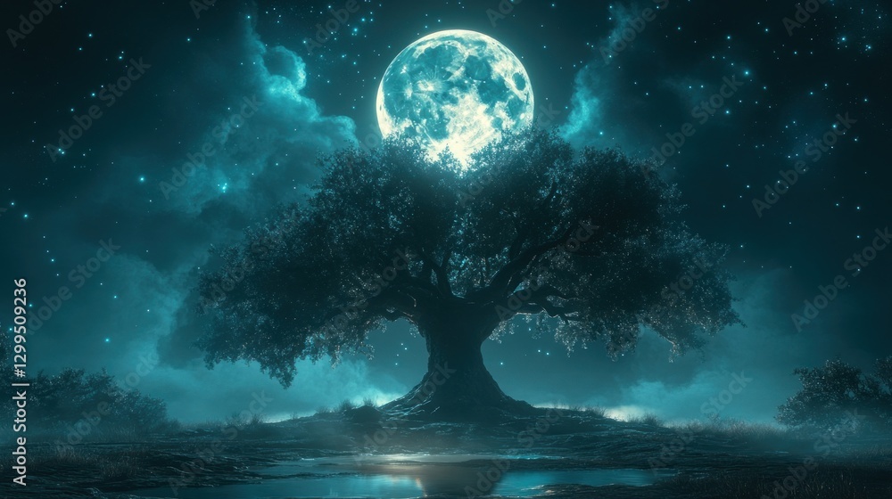 Fototapeta premium Mystical Tree Moonlit Meadow