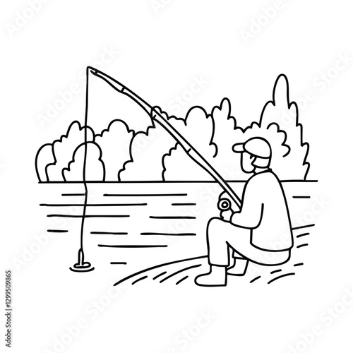 Peaceful lake with a lone fisherman sitting by the shore holding a fishing rod